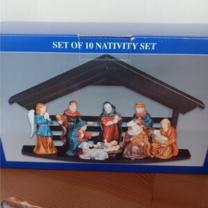 Unused/New in Box Bon-Ton Painted Porcelain Nativity with Wooden Stable